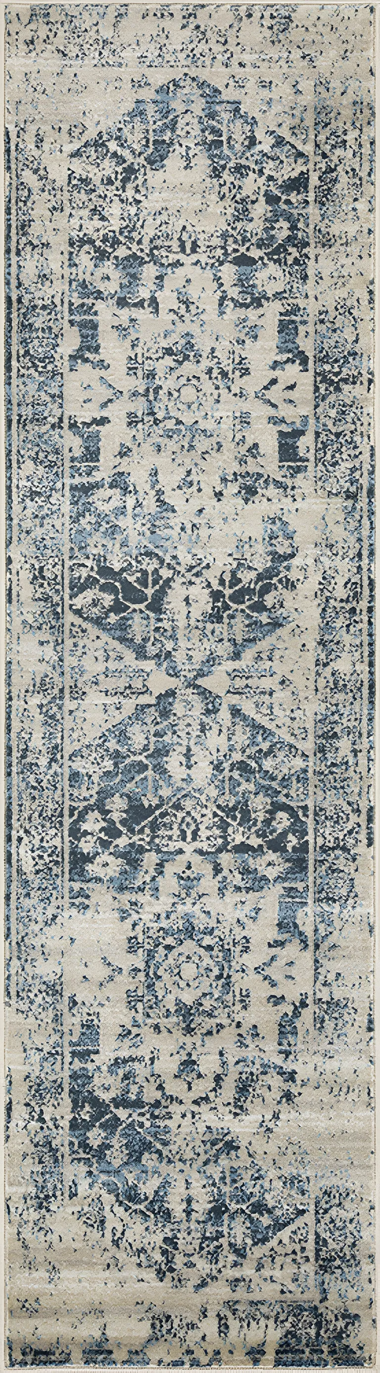 Beige Blue Distressed Medallion Runner Rug Photo 1