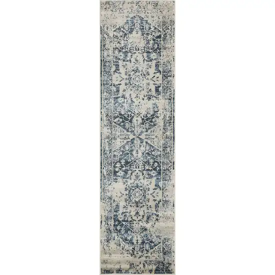 8' Ivory And Blue Oriental Runner Rug Photo 1