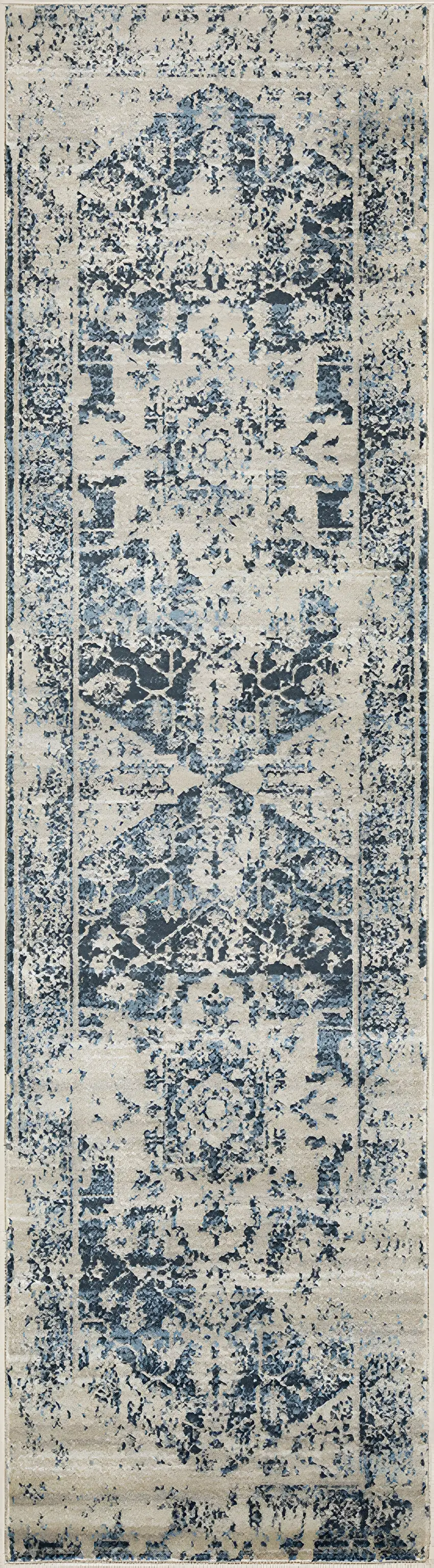 8' Ivory And Blue Oriental Runner Rug Photo 1