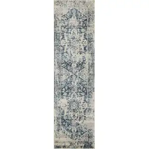 Photo of Beige Blue Distressed Medallion Runner Rug
