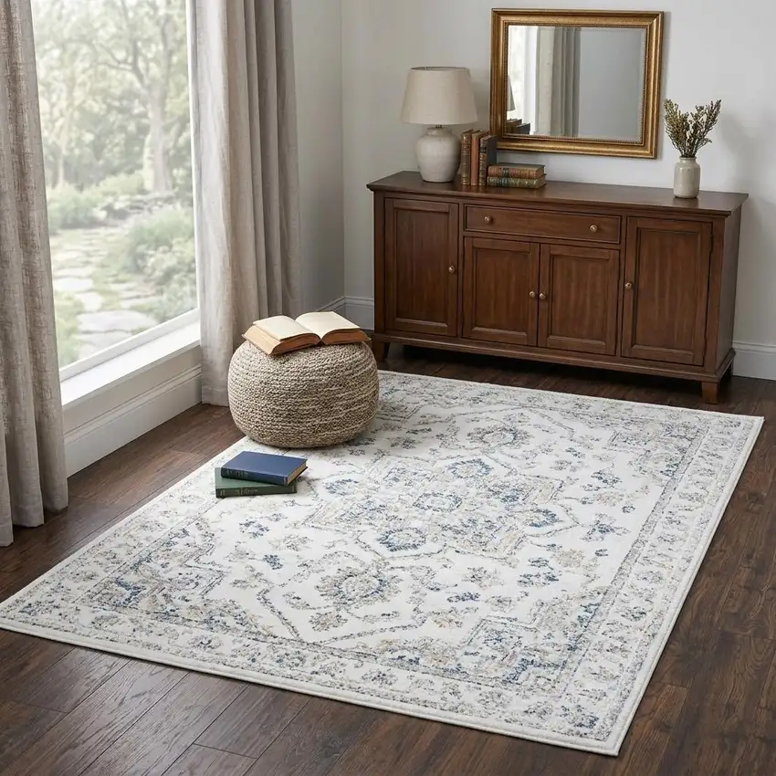 Beige Blue Gray And Rust Medallion Area Rug Photo 1
