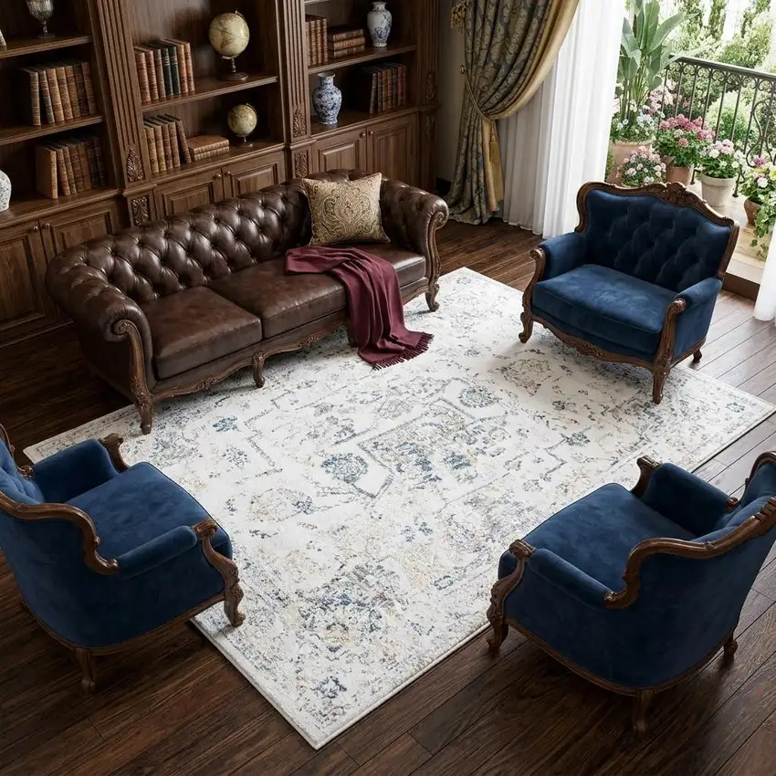 Beige Blue Gray And Rust Medallion Area Rug Photo 1