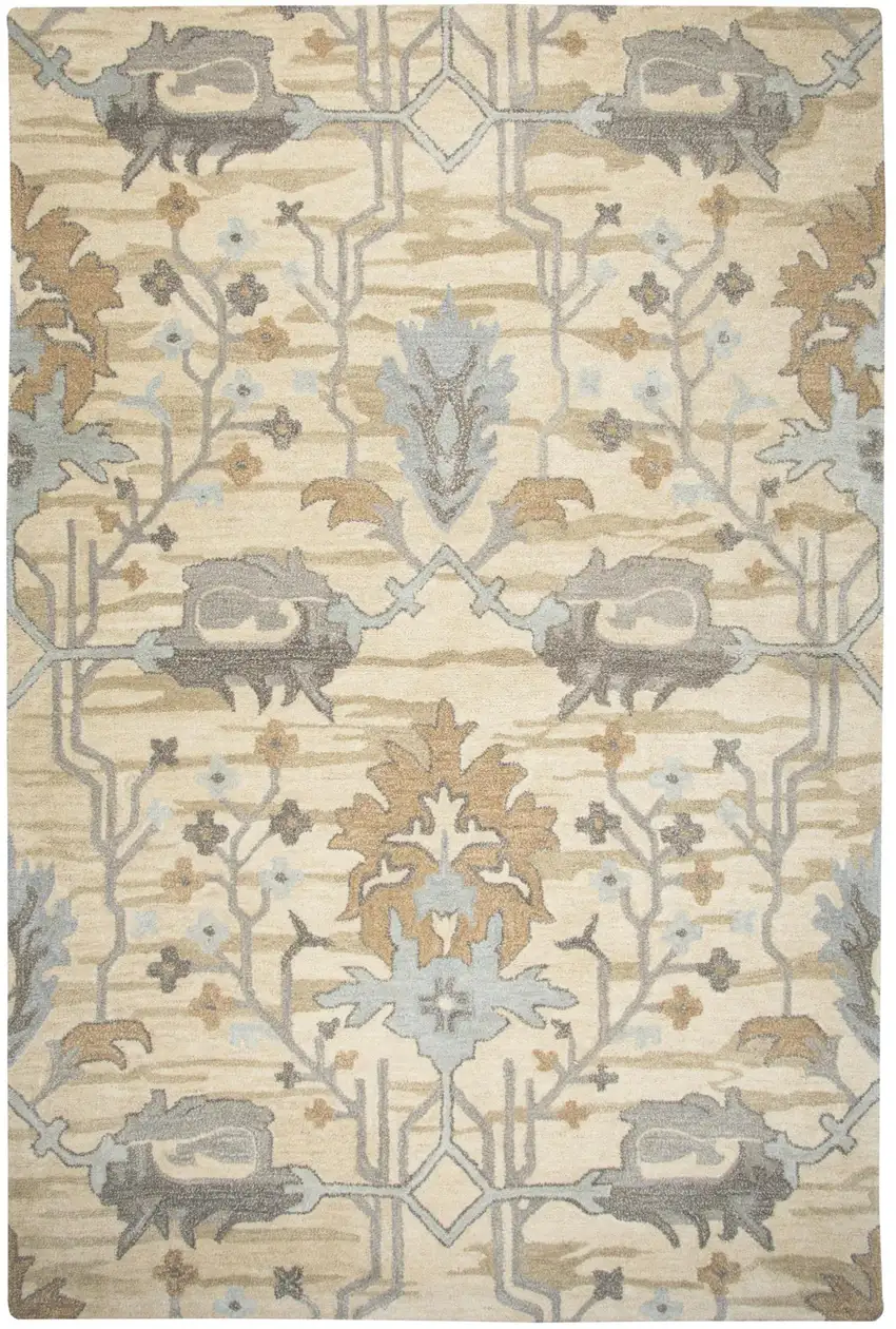 Beige Blue Gray Cream And Light Brown Wool Floral Hand Tufted Area Rug Photo 2