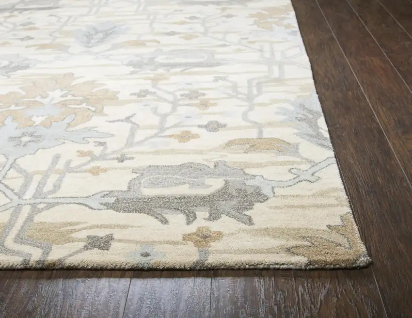 Beige Blue Gray Cream And Light Brown Wool Floral Hand Tufted Area Rug Photo 3
