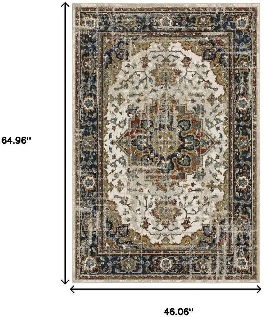 Beige Blue Green Rust And Grey Oriental Power Loom Stain Resistant Area Rug Photo 3
