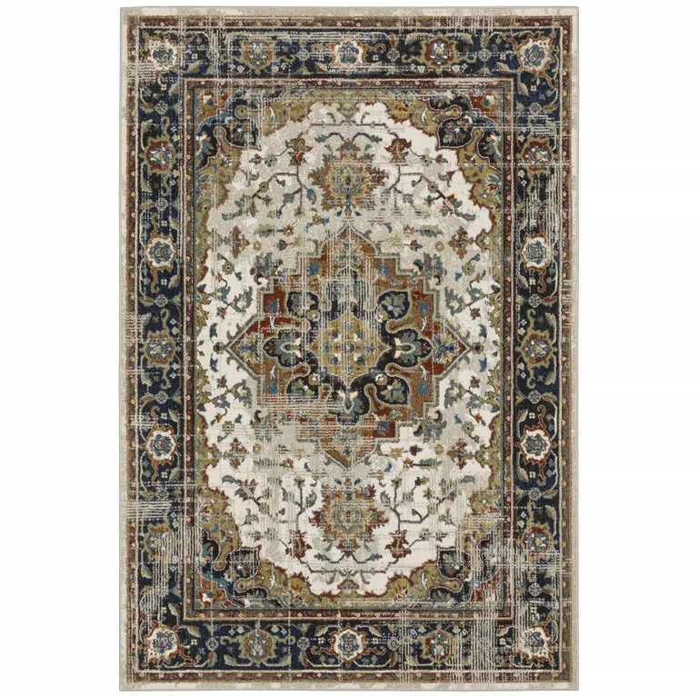 Beige Blue Green Rust And Grey Oriental Power Loom Stain Resistant Area Rug Photo 2