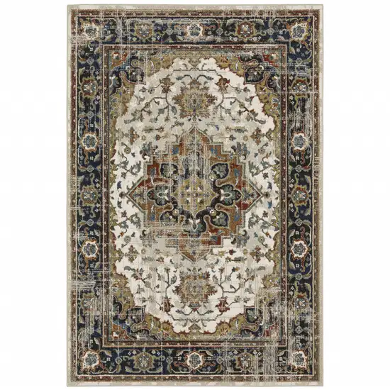 Beige Blue Green Rust And Grey Oriental Power Loom Stain Resistant Area Rug Photo 2