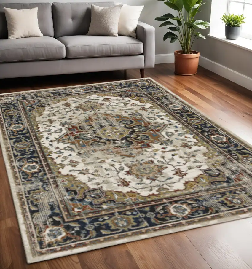 Beige Blue Green Rust And Grey Oriental Power Loom Stain Resistant Area Rug Photo 1
