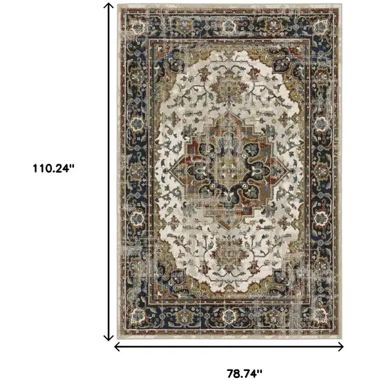 Beige And Blue Oriental Distressed Area Rug Photo 3