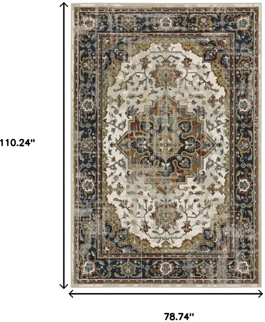 Beige And Blue Oriental Distressed Area Rug Photo 3