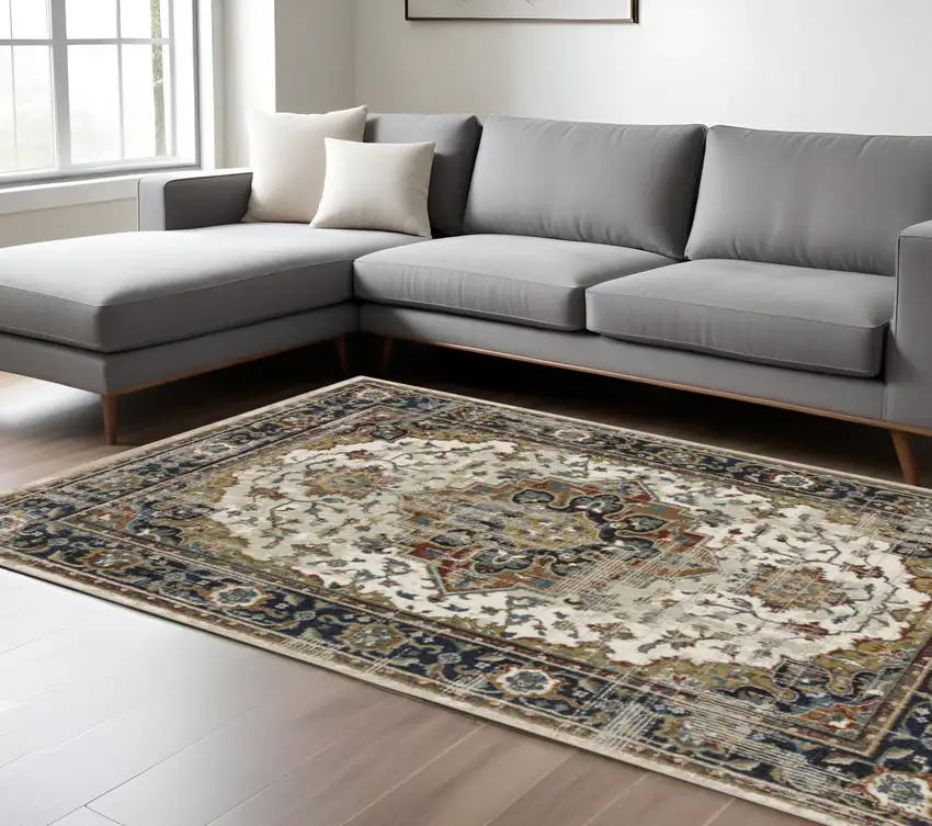 8' X 10' Beige Blue Green Rust And Grey Oriental Power Loom Stain Resistant Area Rug Photo 1