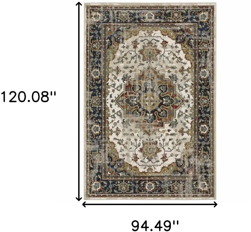 8' X 10' Beige Blue Green Rust And Grey Oriental Power Loom Stain Resistant Area Rug Photo 3