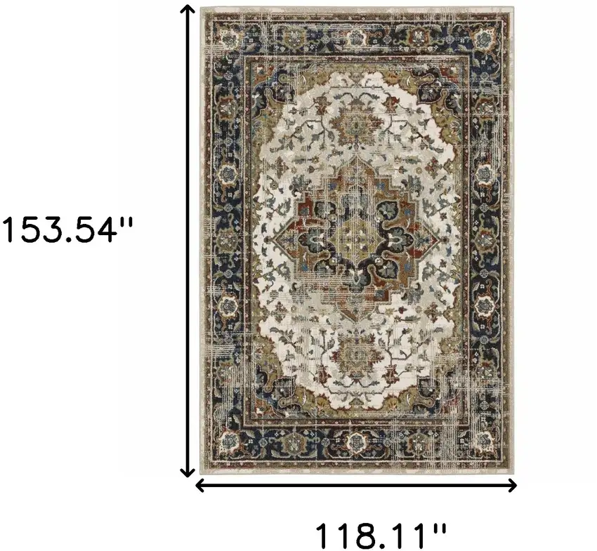 Beige Blue Green Rust And Grey Oriental Power Loom Stain Resistant Area Rug Photo 3