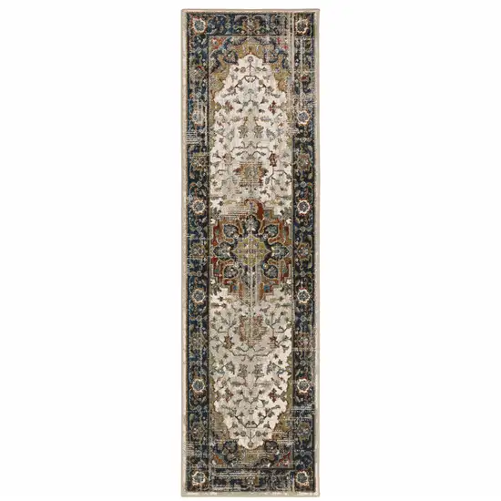 Beige Blue Green Rust And Grey Oriental Power Loom Stain Resistant Runner Rug Photo 1