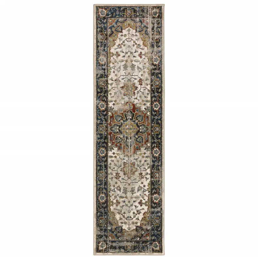 Beige Blue Green Rust And Grey Oriental Power Loom Stain Resistant Runner Rug Photo 1