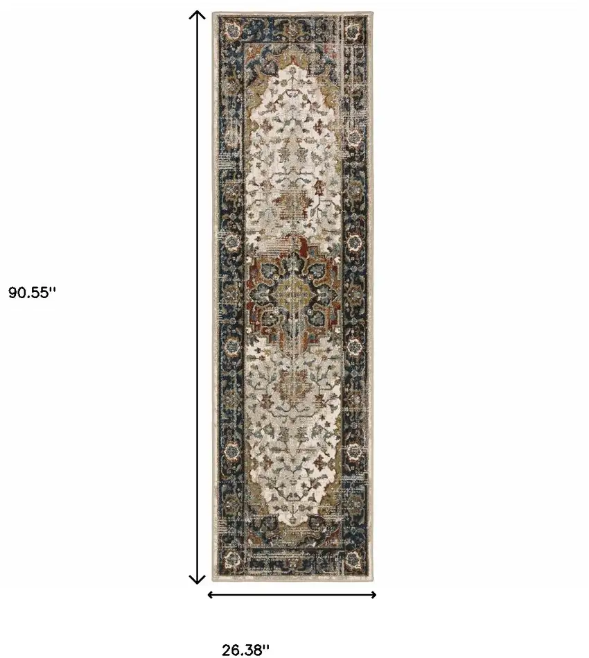 Beige Blue Green Rust And Grey Oriental Power Loom Stain Resistant Runner Rug Photo 10