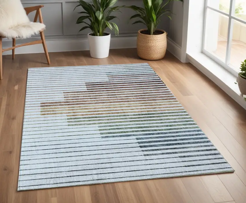 Beige Blue and Brown Striped Area Rug Photo 3