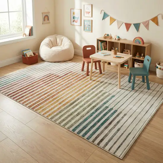 Beige Blue and Brown Striped Area Rug Photo 7