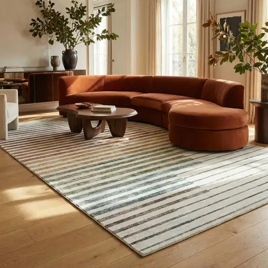 Beige Blue and Brown Striped Area Rug Photo 6