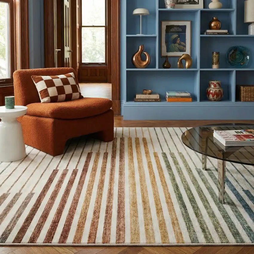 Beige Blue and Brown Striped Area Rug Photo 5
