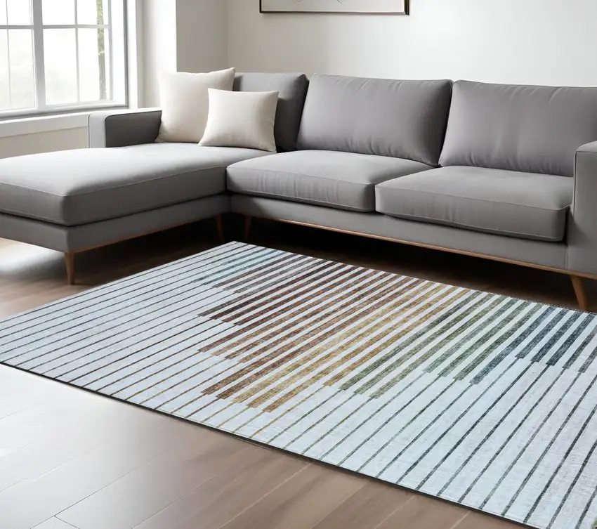 Beige Blue and Brown Striped Area Rug Photo 1
