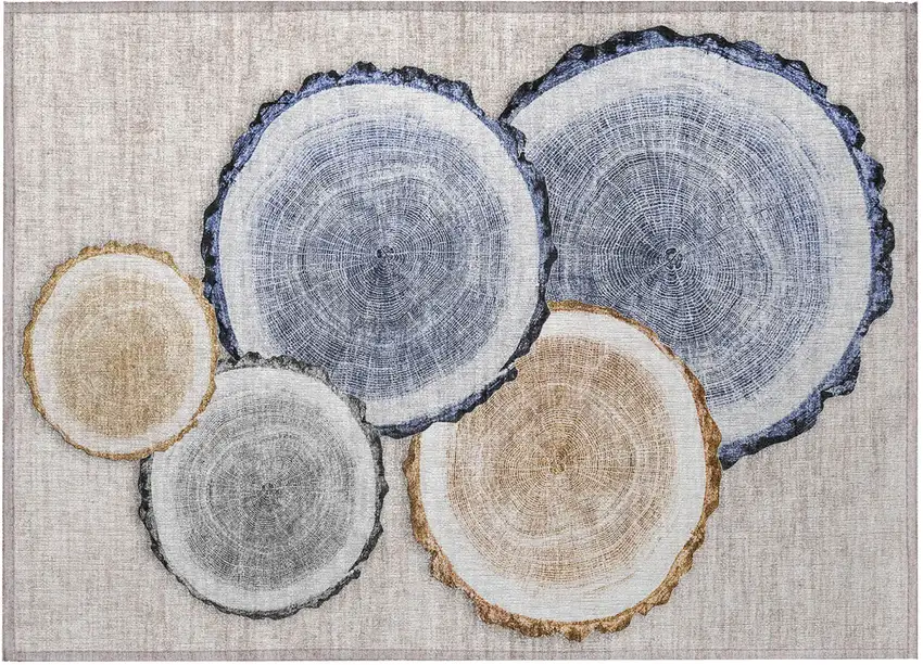 Beige Blue and Gold Faux Bois Washable Non Skid Indoor Outdoor Area Rug Photo 5