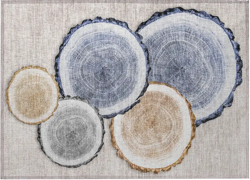 Beige Blue and Gold Faux Bois Washable Non Skid Indoor Outdoor Area Rug Photo 4