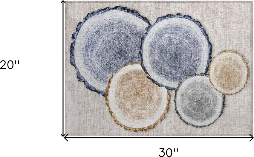 Beige Blue and Gold Faux Bois Washable Non Skid Indoor Outdoor Area Rug Photo 3