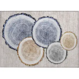 Photo of Beige Blue and Gold Faux Bois Washable Non Skid Indoor Outdoor Area Rug