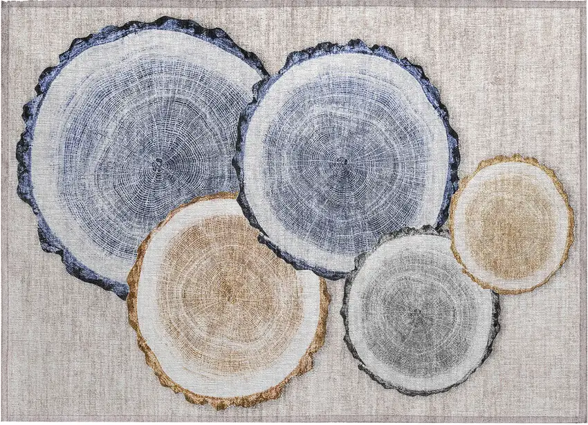 Beige Blue and Gold Faux Bois Washable Non Skid Indoor Outdoor Area Rug Photo 2