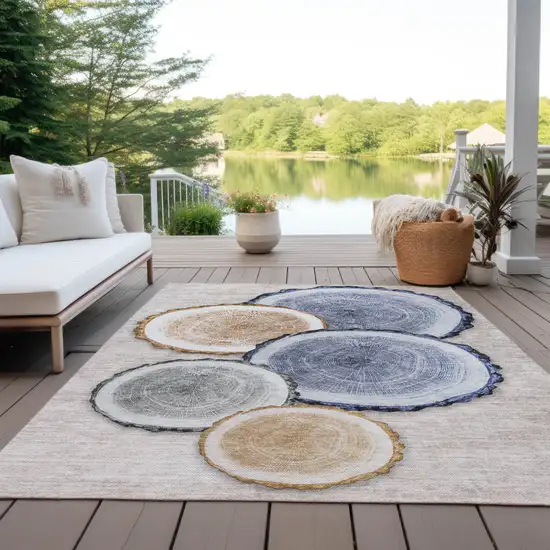 Beige Blue And Gold Faux Bois Washable Indoor Outdoor Area Rug Photo 8