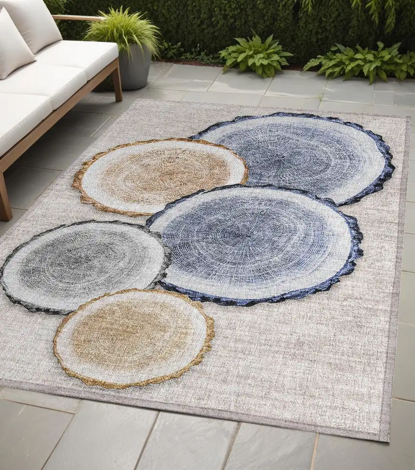Beige Blue and Gold Faux Bois Washable Non Skid Indoor Outdoor Area Rug Photo 1