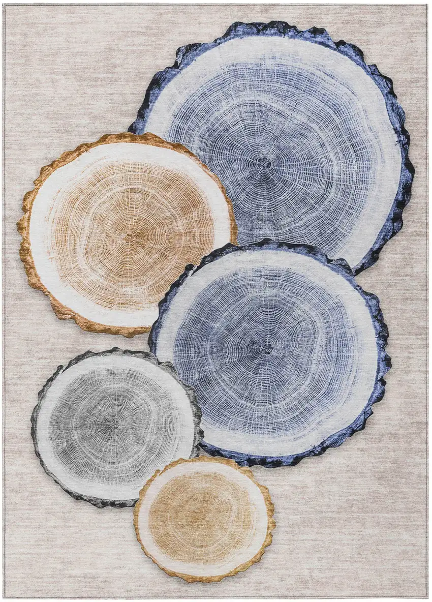 Beige Blue and Gold Faux Bois Washable Non Skid Indoor Outdoor Area Rug Photo 2