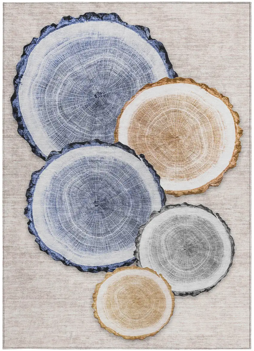 Beige Blue and Gold Faux Bois Washable Non Skid Indoor Outdoor Area Rug Photo 5