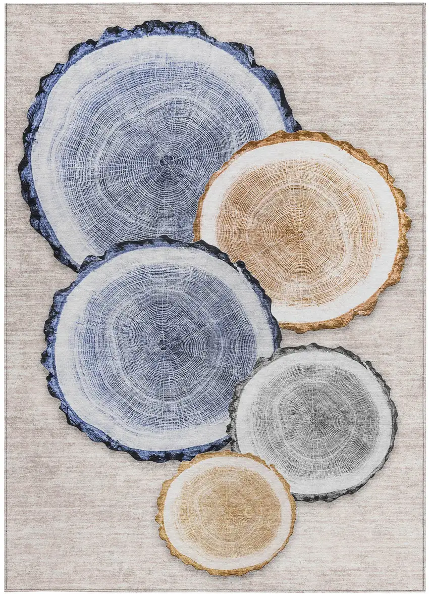 Beige Blue and Gold Faux Bois Washable Non Skid Indoor Outdoor Area Rug Photo 4