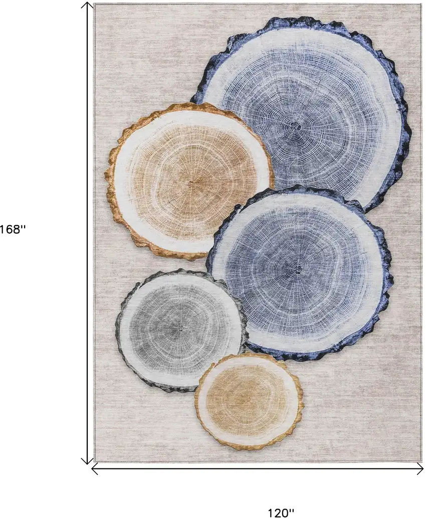 Beige Blue and Gold Faux Bois Washable Non Skid Indoor Outdoor Area Rug Photo 3