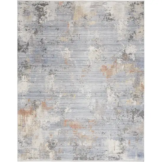 Beige Blue and Gray Abstract Area Rug With Fringe Photo 2