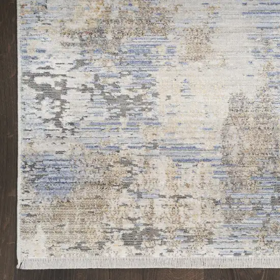 Beige Blue and Gray Abstract Area Rug With Fringe Photo 5