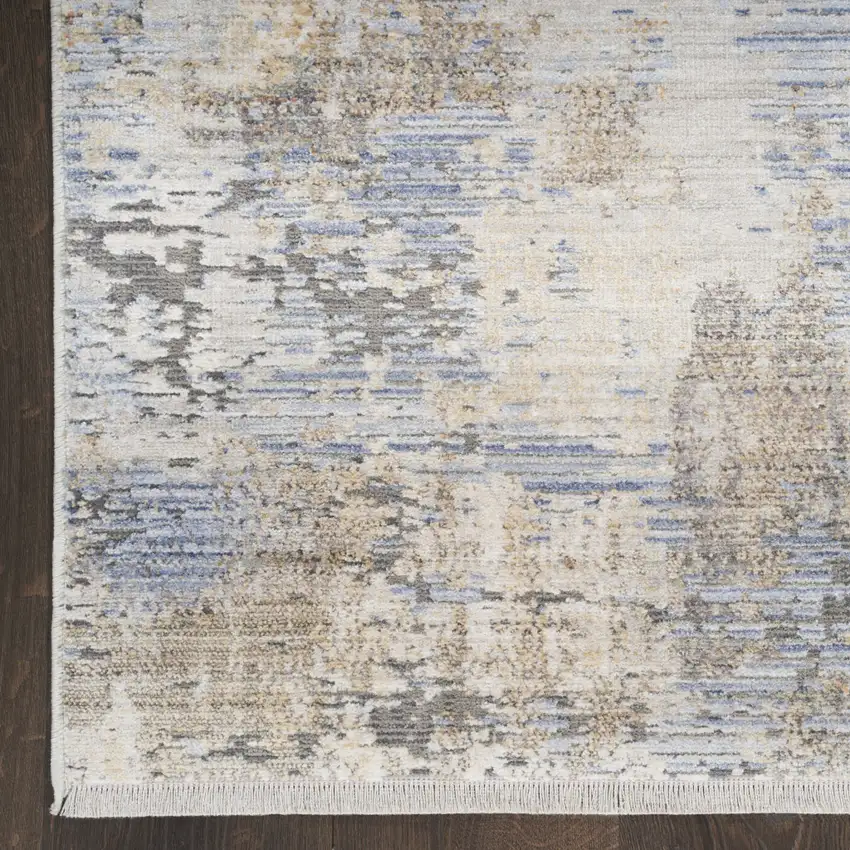 Beige Blue and Gray Abstract Area Rug With Fringe Photo 5