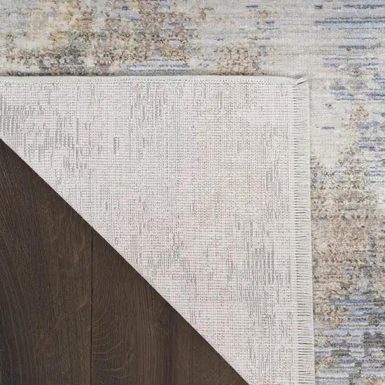 Beige Blue and Gray Abstract Area Rug With Fringe Photo 8