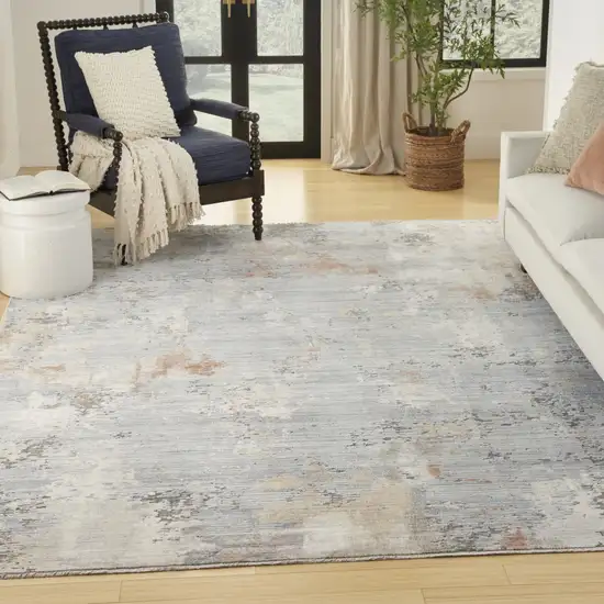 Beige Blue and Gray Abstract Area Rug With Fringe Photo 9