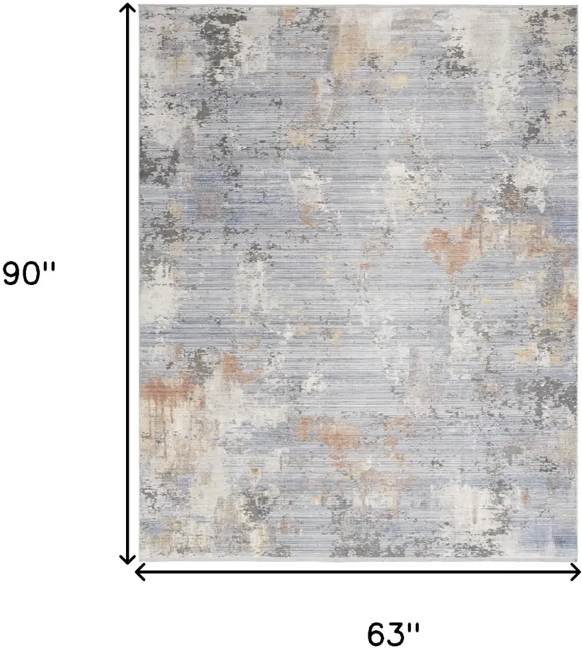 Beige Blue and Gray Abstract Area Rug With Fringe Photo 3