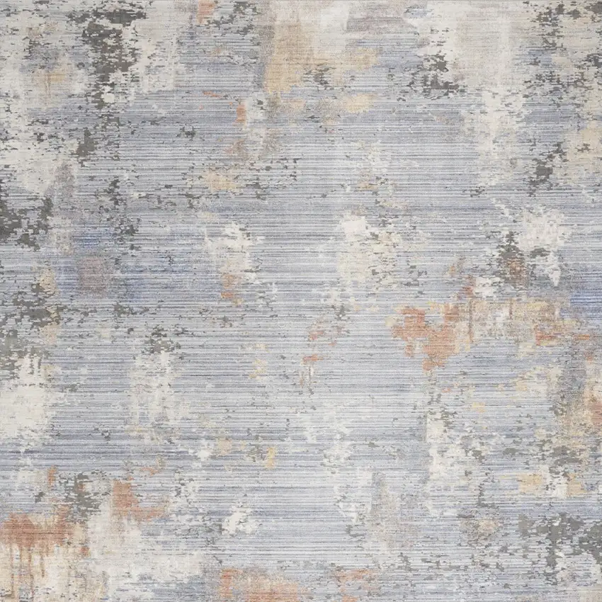 Beige Blue and Gray Abstract Area Rug With Fringe Photo 7