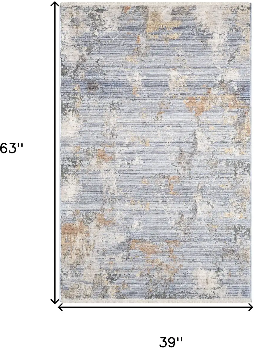 Beige Blue and Gray Abstract Area Rug With Fringe Photo 3