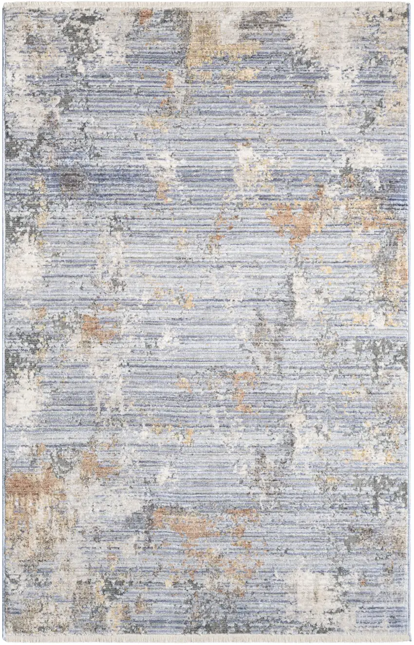 Beige Blue and Gray Abstract Area Rug With Fringe Photo 2