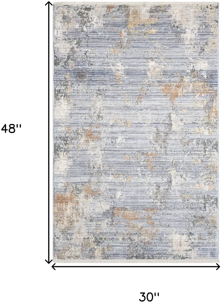Beige Blue and Gray Abstract Area Rug With Fringe Photo 3