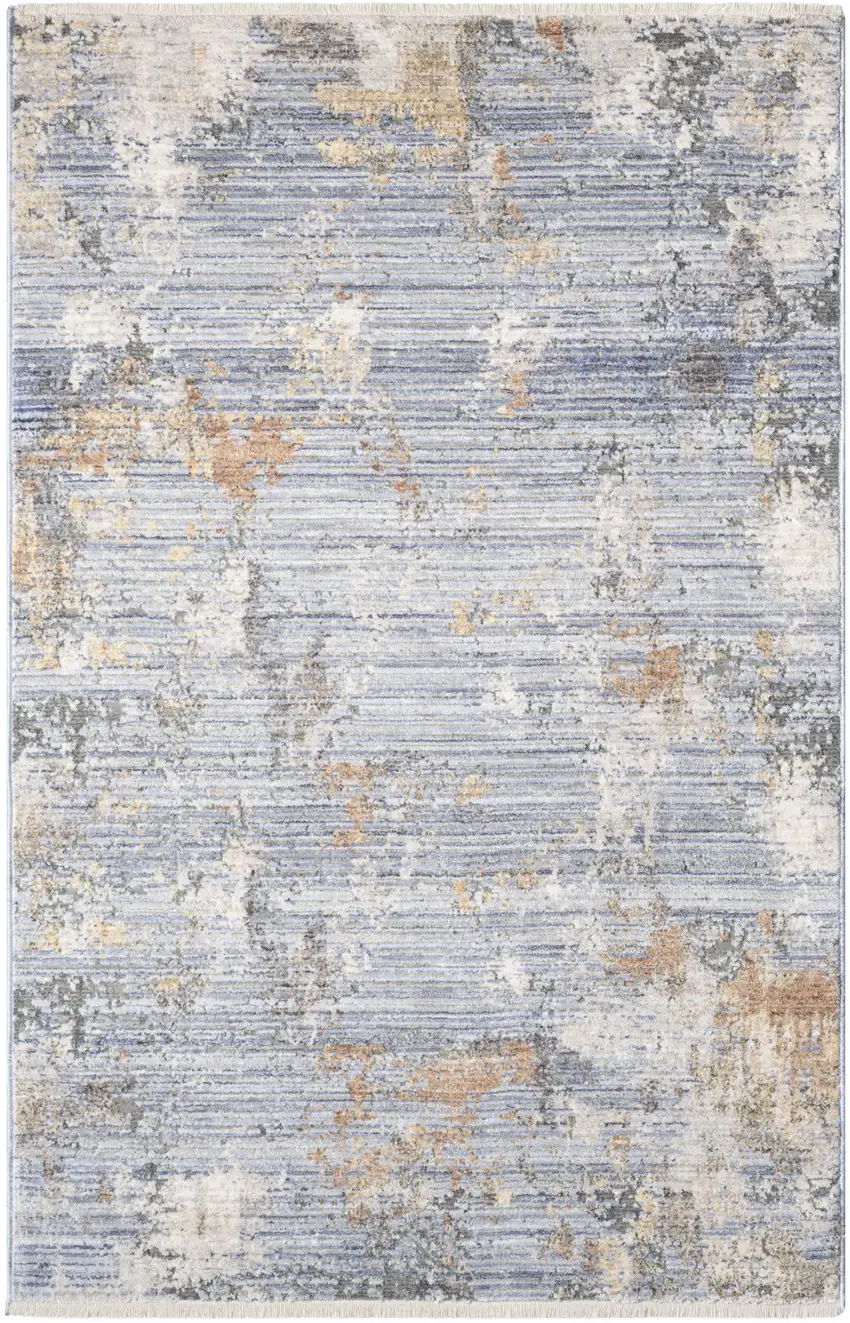 Beige Blue and Gray Abstract Area Rug With Fringe Photo 5