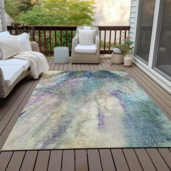Beige Blue and Gray Abstract Washable Non Skid Indoor Outdoor Area Rug Photo 9