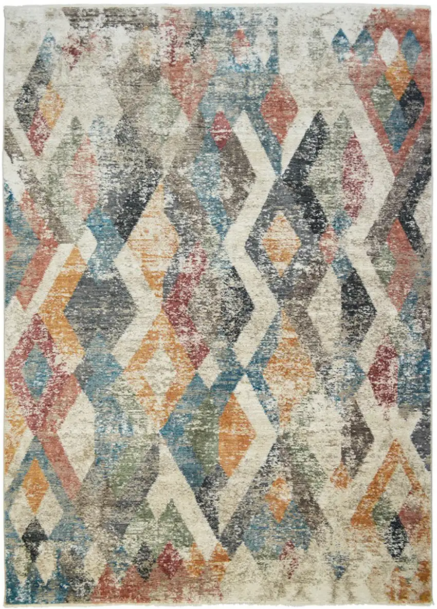 Beige Blue and Gray Geometric Distressed Area Rug With Fringe Photo 2