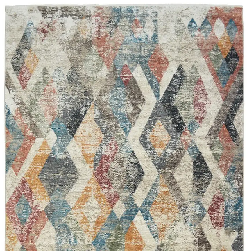 Beige Blue and Gray Geometric Distressed Area Rug With Fringe Photo 4